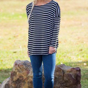 Long Sleeve Tiny Stripe Piko Top - Black/White - M